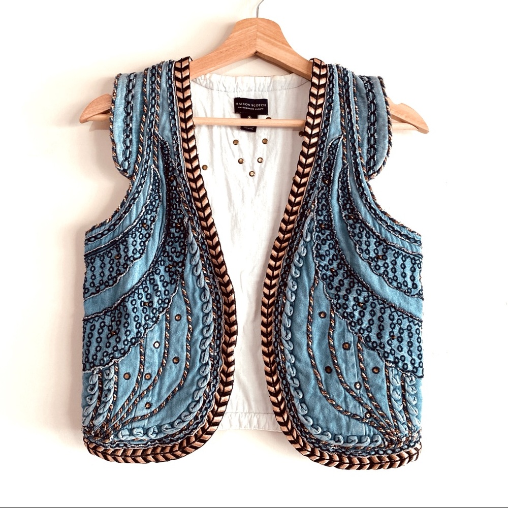 Maison Scotch Embroidered & Embellished Quilted Boho Denim Vest Size 1 Small